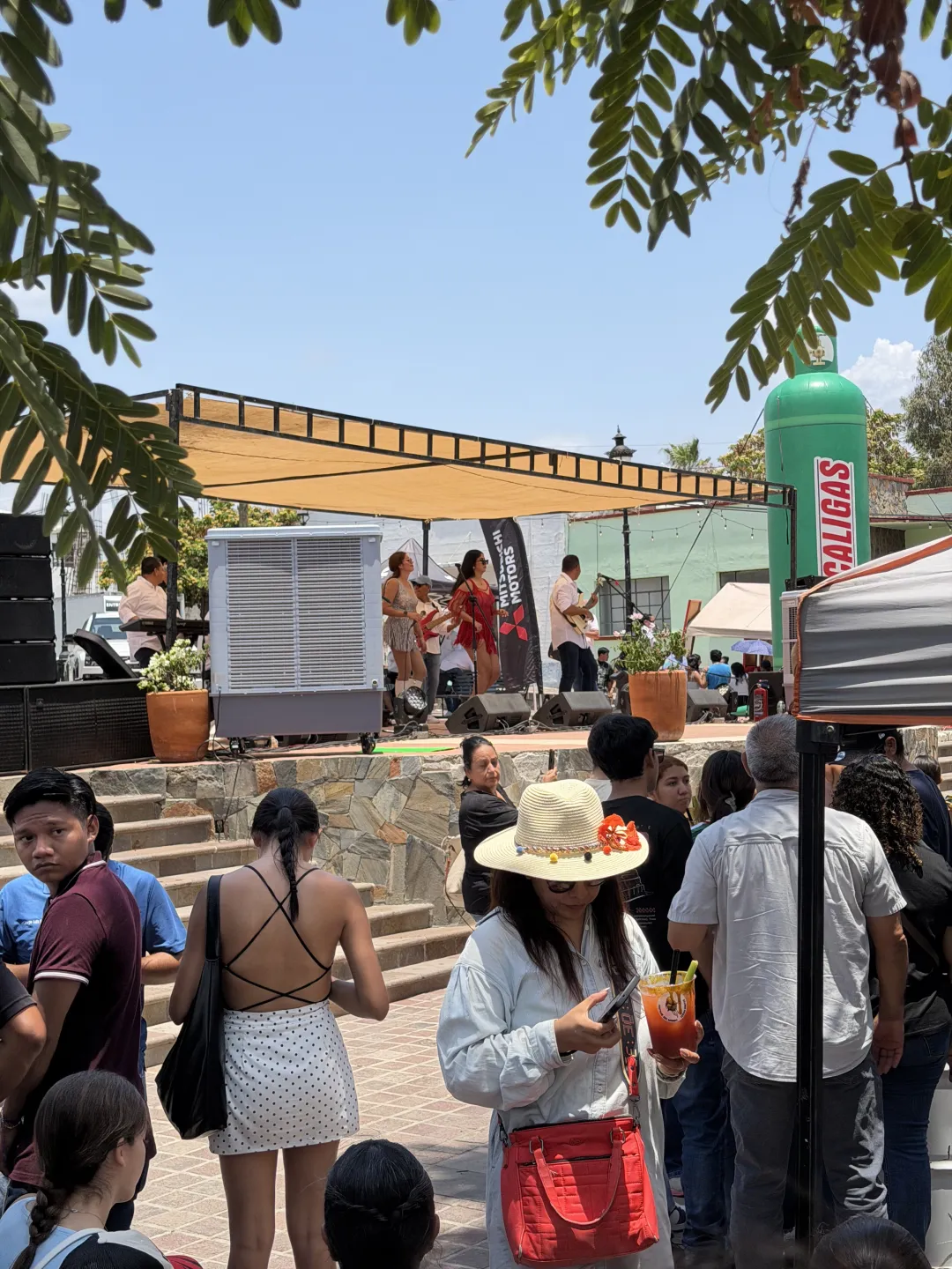 A live band performing on the plaza stage during the Mango Festival