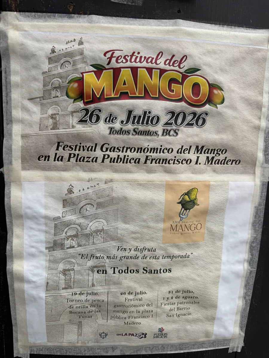 Street poster announcing the July 26, 2026 Festival del Mango in Plaza Pública Francisco I. Madero