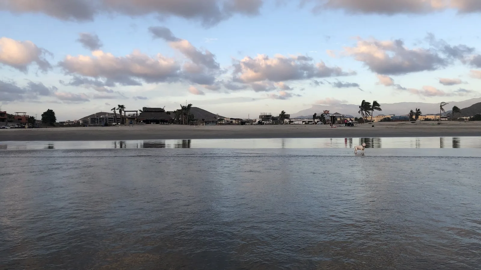 Shallow water at low tide looking across Cerritos Beach toward the beachfront