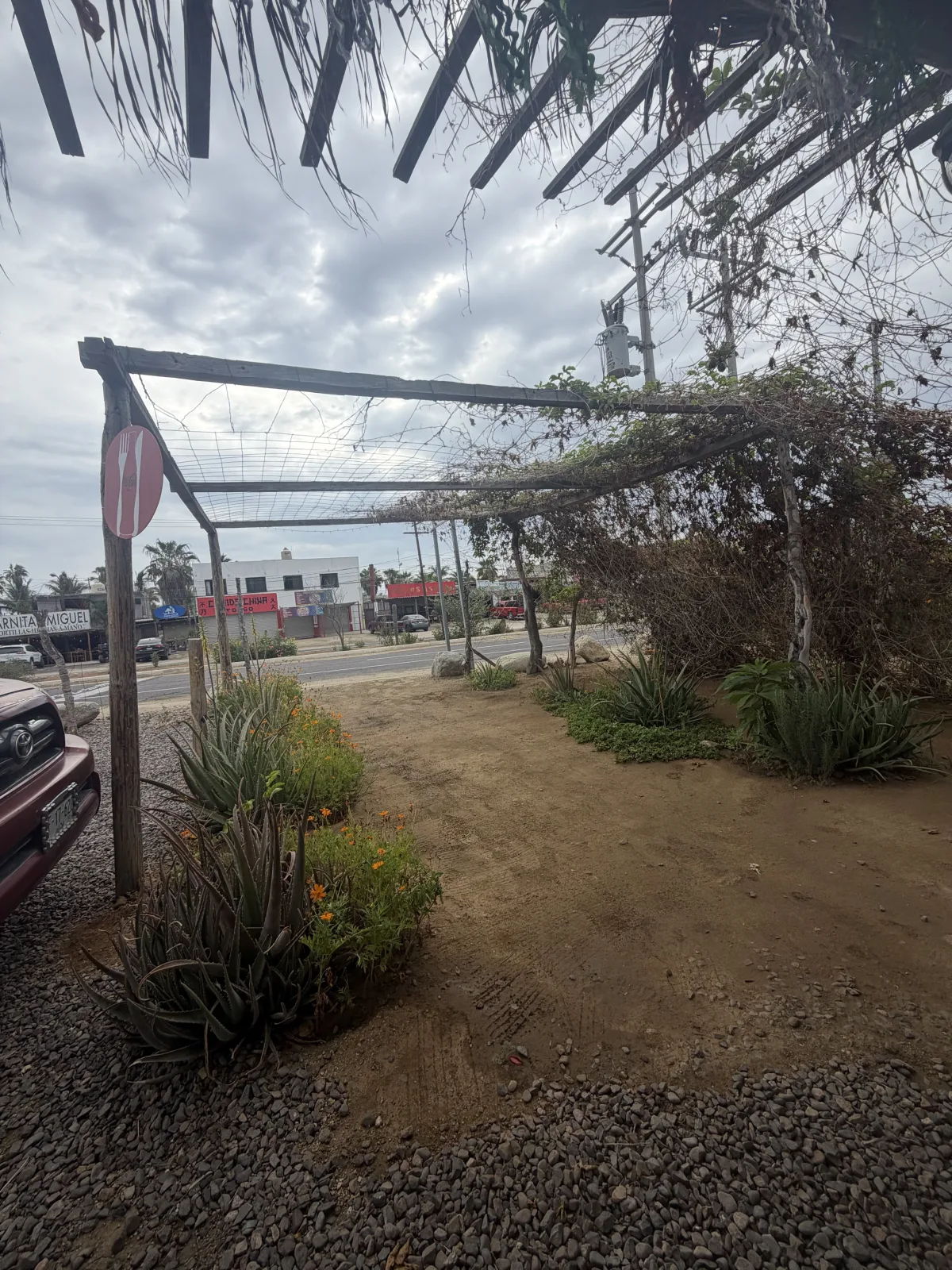 Entrance area outside Cocina de Mary near Highway 19 in El Pescadero