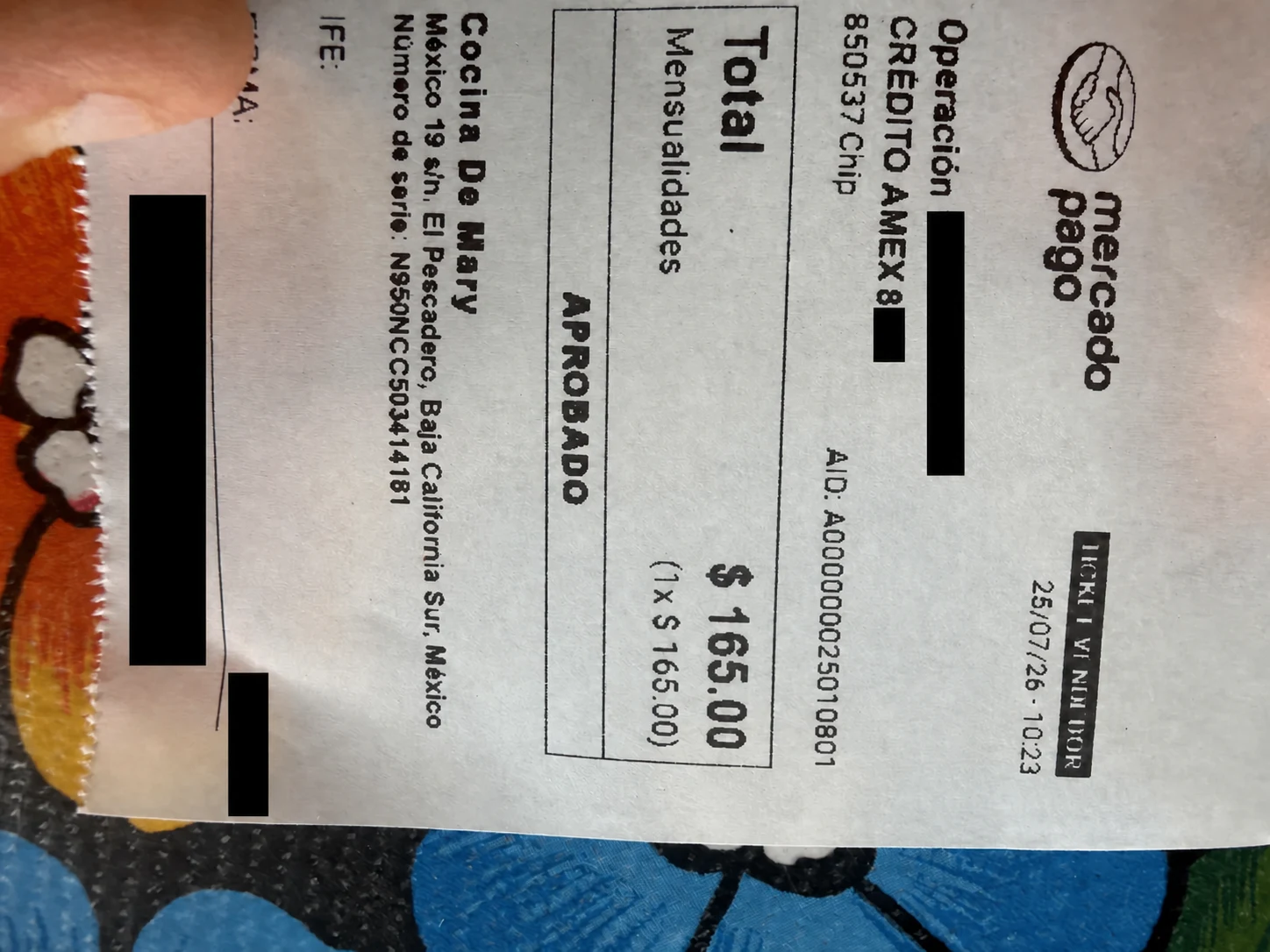 Cocina de Mary El Pescadero breakfast receipt showing a 165 MXN total